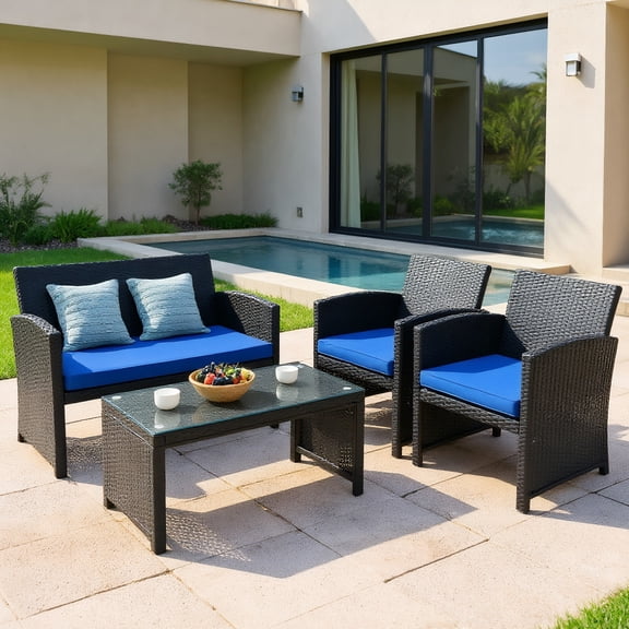 YYAo 4 Piece Patio Conversation Set Wicker Rattan Furniture Outdoor Sofa with Cushions,Pillows & Glass Table for Porch,Lawn and Yard, Navy