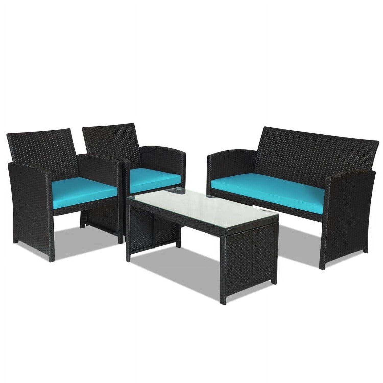 Turquoise Cushioned Black Wicker 4-Piece Patio Conversation Set