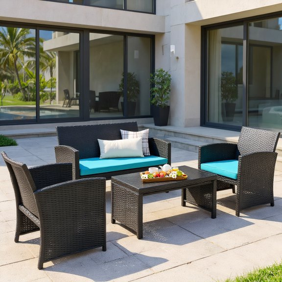 YYAo 4 Piece Patio Conversation Set Wicker Rattan Furniture Outdoor Sofa with Cushions,Pillows & Glass Table for Porch,Lawn and Yard, Turquoise