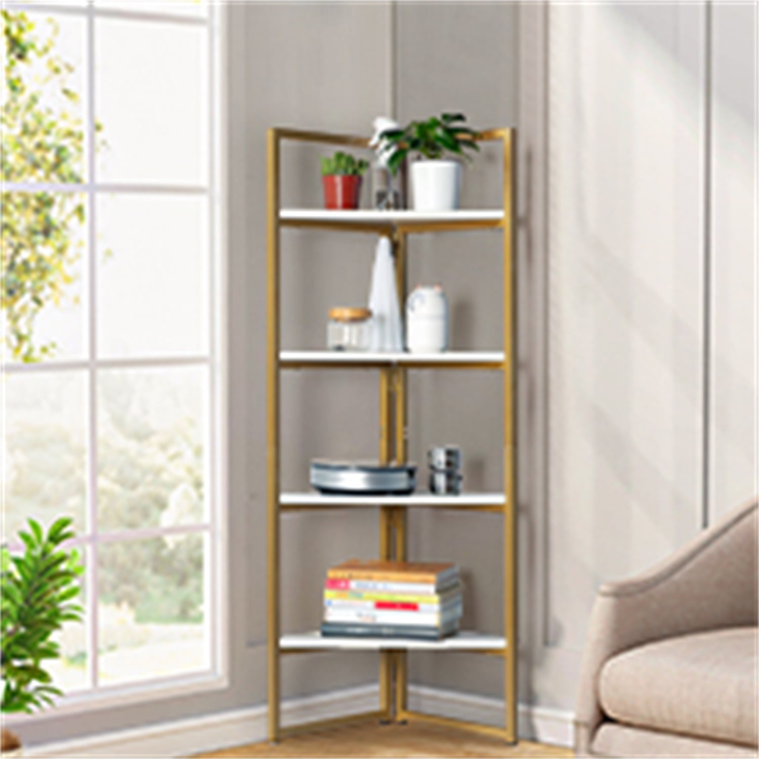 YYAo 4-Tier Corner Display Rack, Free Standing Corner Bookcase for Bathroom, Gold Triangular Shelf YYAo 4-Tier Corner Display Rack, Free Standing Corner Bookcase for Bathroom, Gold Triangular Shelf