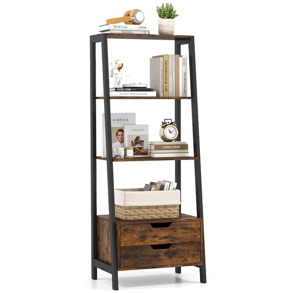 YYAo 4-Tier Ladder Storage Organizer Bookcase with 2 Drawers, 52.5 Inch Display Rack Shelves for Living Room, Bedroom, Office Room, Study Room, Rustic Brown