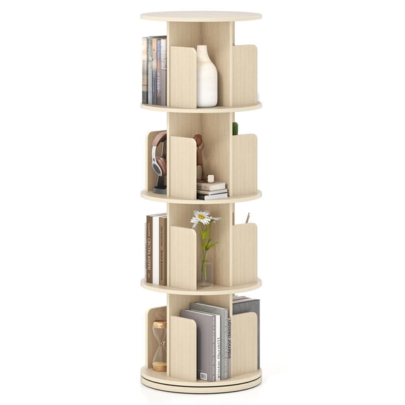 YYAo 4-Tier Rotating Storage Organizer Bookcase with Dividers and Anti-falling Baffles, 360°Display Rack Shelves for Living Room, Bedroom, Office Room, Study Room, Natural