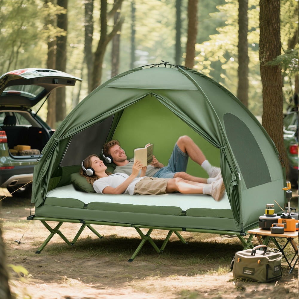 YYAo 4-in-1 Tent Cot with Air Mattress, Foot Pump and Carry Bag, Portable Folding Bed for Camping, Hiking, Backpacking, Dark Green
