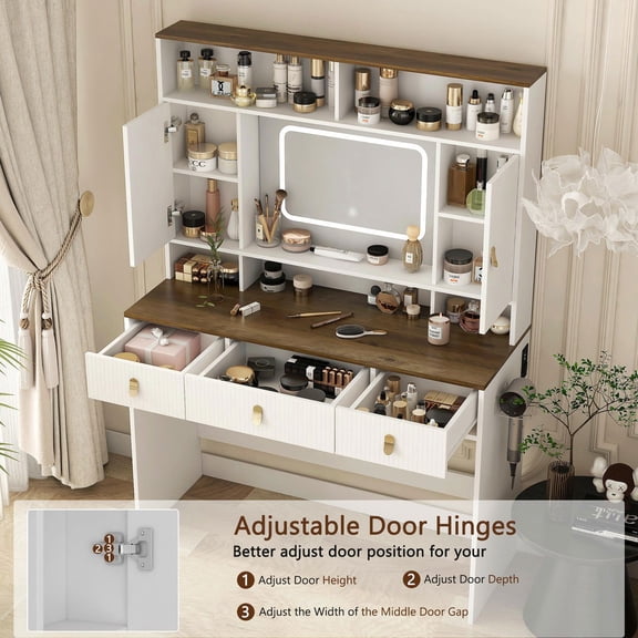 YYAo 43 Inch Wide Modern Dressing Table with Lighted Mirror, Farmhouse Makeup Vanity Set with Drawer and Hair Dryer Holder for Bedroom, White