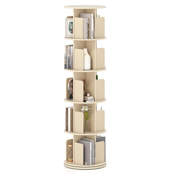 YYAo 5-Tier Rotating Storage Organizer Bookcase with Dividers and Anti-falling Baffles, 360°Display Rack Shelves for Living Room, Bedroom, Office Room, Study Room, Natural