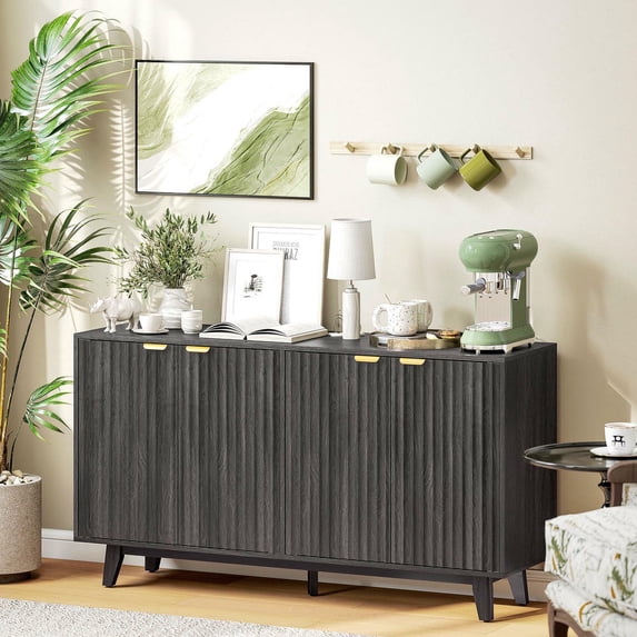 YYAo 55" Sideboard Cabinet with 4 Doors, 2 Adjustable Shelves and 5 Wood Legs, Coffee Bar Cabinet for Kitchen, Dining Room, Dark Gray