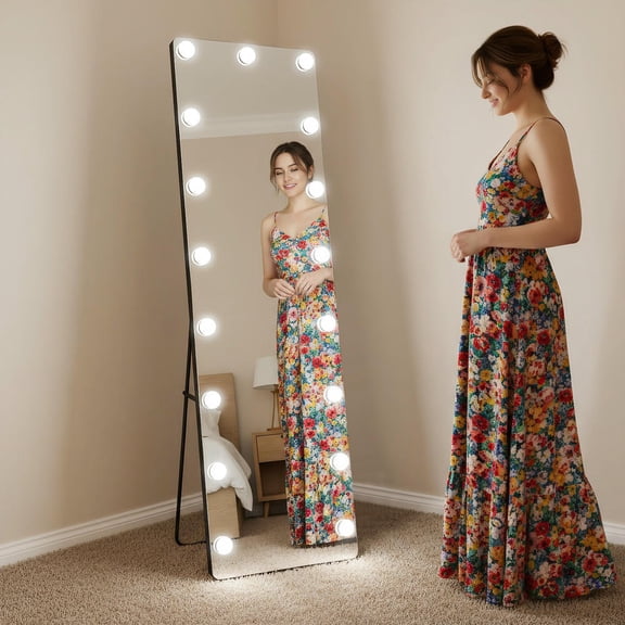 YYAo 56*18" Rectangle Professional Full-length Mirror with Dimmable Lights, Vanity Mirror with Precise Makeup & Styling for Bedroom, Living Room, Black