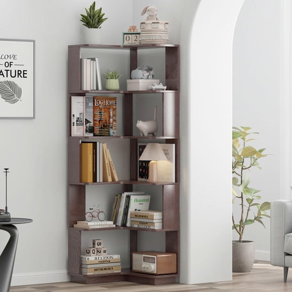 YYAo 6 Tier Corner Bookcase L Shaped Wooden Bookshelf Freestanding Display Rack with Anti Drop Panel for Living Room Bedroom, Dark Red