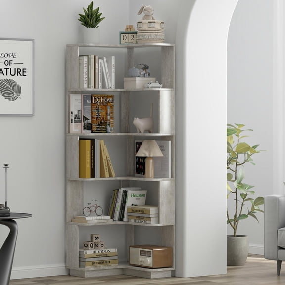 YYAo 6 Tier Corner Bookcase L Shaped Wooden Bookshelf Freestanding Display Rack with Anti Drop Panel for Living Room Bedroom, Light Gray