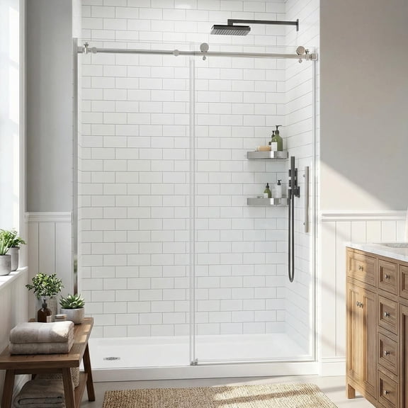YYAo 60*74 Inch Frameless Waterproof Shower Door with Single Sliding Door, 5/16" Thickness Tempered Glass Shower Door for Bathroom, Silver