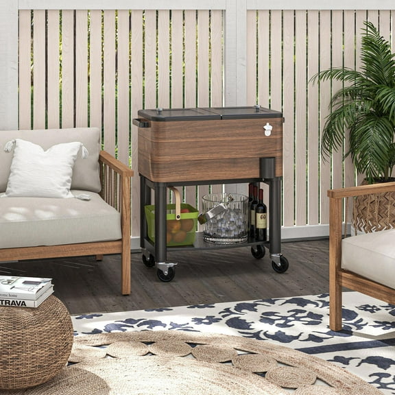 YYAo 60 Quart Cooler Ice Chest with Bottom Shelf and Bottle Opener, Insulated Cooler for Backyard, Deck, Poolside Party, Brown