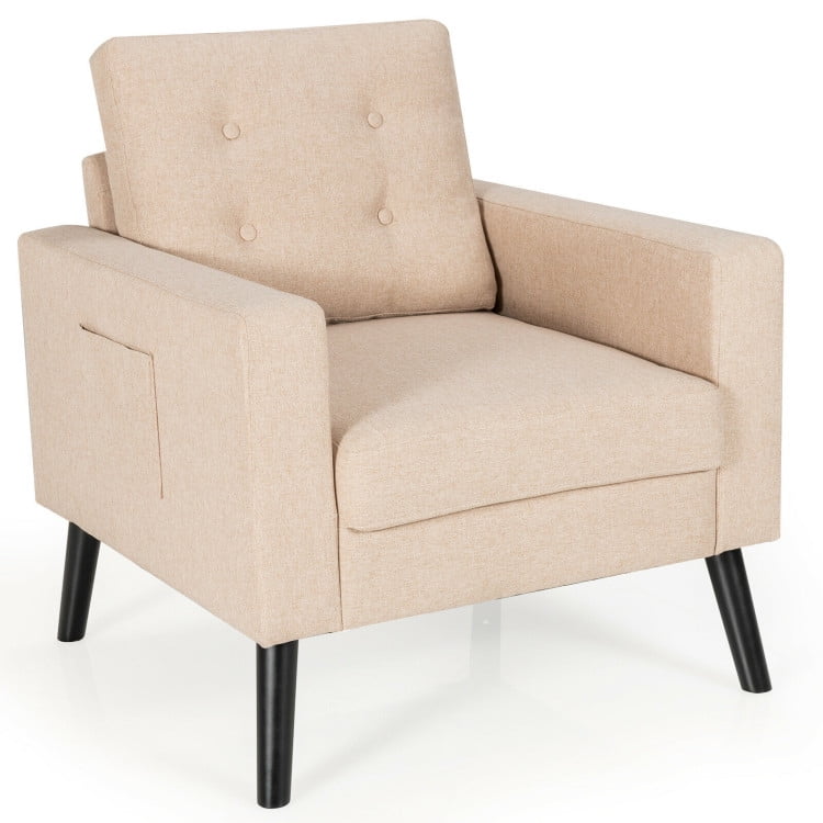 Beige Linen Barrel Accent Chair with Rubber Wood Legs