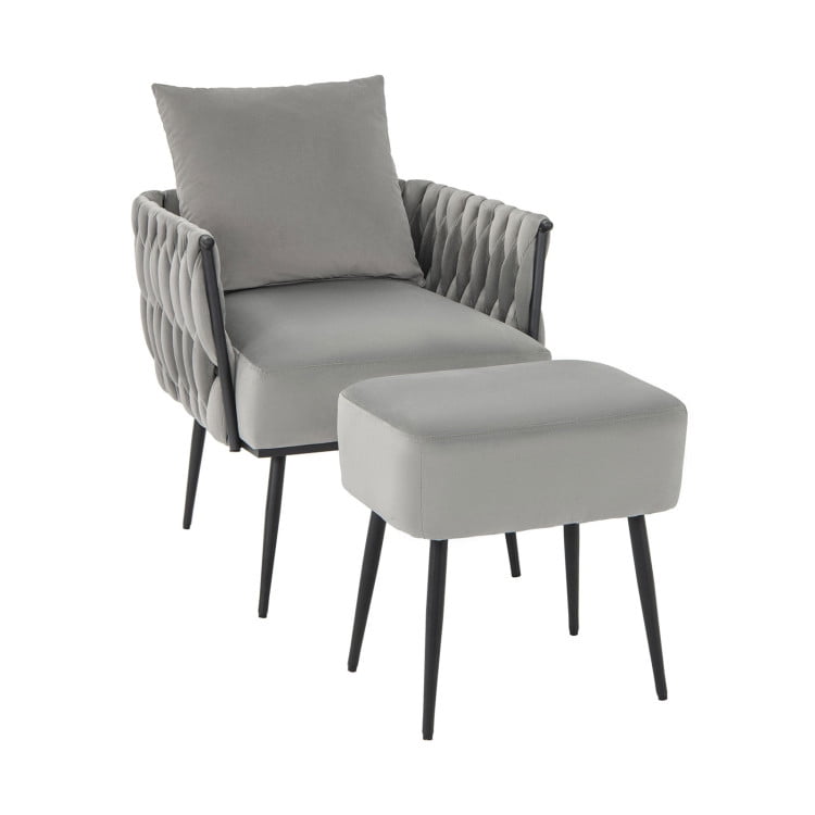 Gray Velvet Barrel Accent Chair with Metal Legs and Ottoman