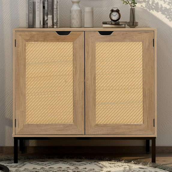 YYAo Accent Storage Cabinet with 2 Rattan Doors, Sideboard Buffet Cabinet for Entryway, Natural
