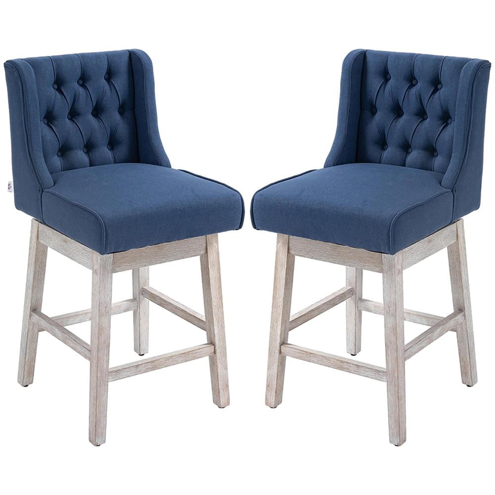 Blue Tufted Swivel Bar Stools with Wood Footrests, Set of 2