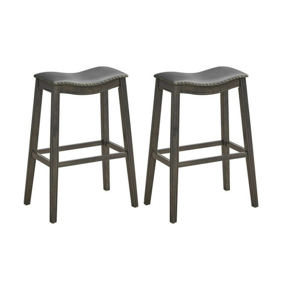 YYAo Bar Stools,Kitchen Dining Bar Chairs,29 Inch Set of 2 Backless Wood Nailhead Barstools with PVC Leather Seat-Gray