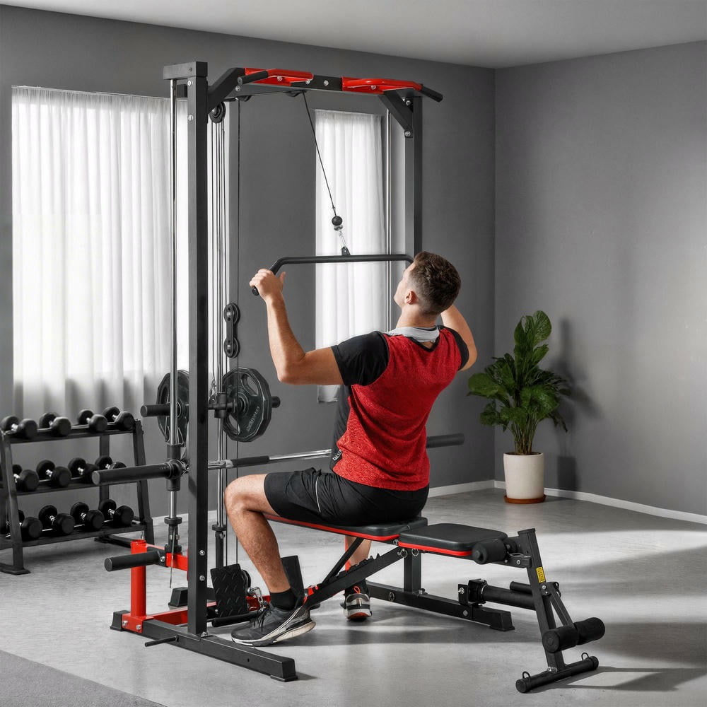 YYAo Barbell Bench Presses with Pull Up Bar, Lat Pull Down System and Landmine, Squat Rack for Home Gym, Black, Red