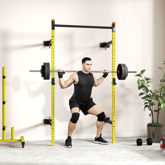 YYAo Barbell Bench Presses with Pull Up Bar, Wall Mounted and Adjustable, Squat Rack with 1000 Pounds Capacity, Yellow