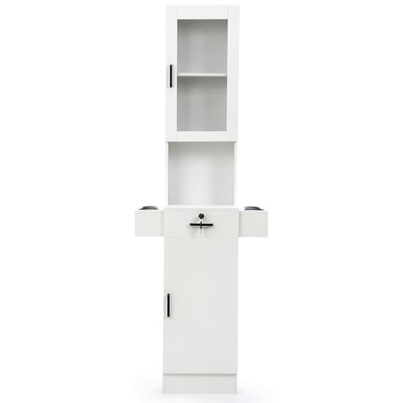 YYAo Barber Salon Station for Hair Stylist, Stand Barber Station, Hair Styling Equipment with Glass Door, 3-Tier Shelf, Drawer, Cabinet, White