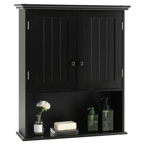 YYAo Bathroom Medicine Cabinet, Toilet Wall Cabinet,2-Door Wall Mount Bathroom Storage Cabinet with Open Shelf-Black