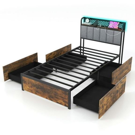 YYAo Bed, Bed Frame, Frame Bed, Twin/Full/Queen Bed Frame with LED Lights Upholstered Headboard and 4 Storage Drawers-Twin size