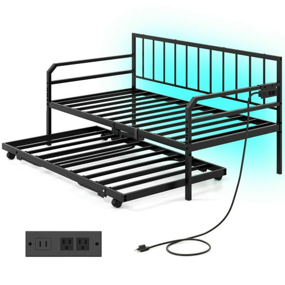 YYAo Bed Frame,Bedroom Bed Frame,Adjustable Metal Twin Size Daybed with Charging Station and LED Light-Black