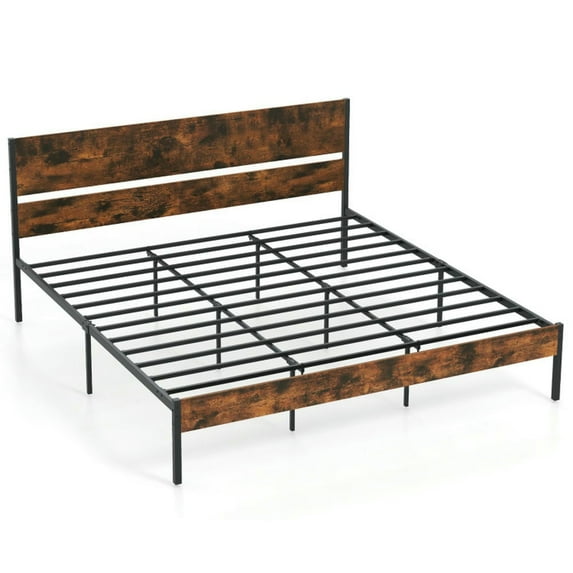 YYAo Bed Frame,Bedroom Bed Frame,Twin/Full/Queen/King Metal Bed Frame with Wooden Headboard and Footboard-King Size