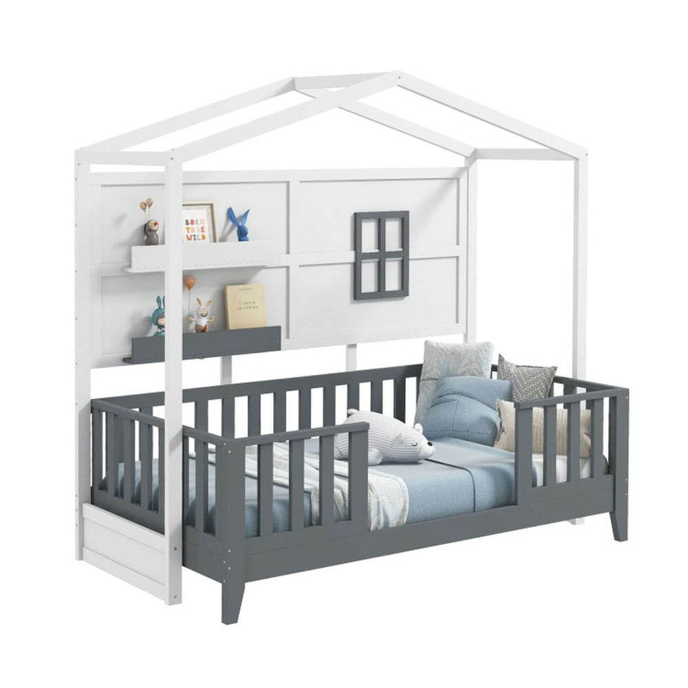 YYAo Bed Platform, Bed Frame Platform Bed,Twin Wood House Bed Montessori Floor Bed with 2 Shelves and Guardrails-Gray & White