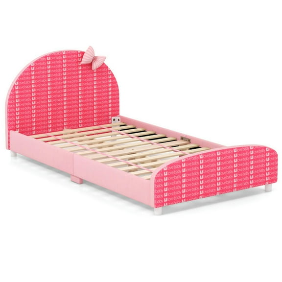 YYAo Bed Platform, Bed Frame Platform Bed, Wood Upholstered Twin Bed Platform with Slat Support-Pink