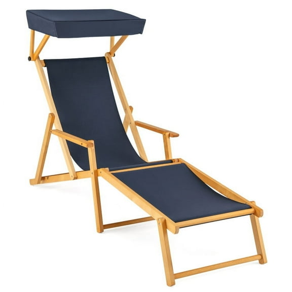 YYAo Birch Wood Chaise Lounge Chair Foldable Beach Chair with Adjustable Canopy-Navy