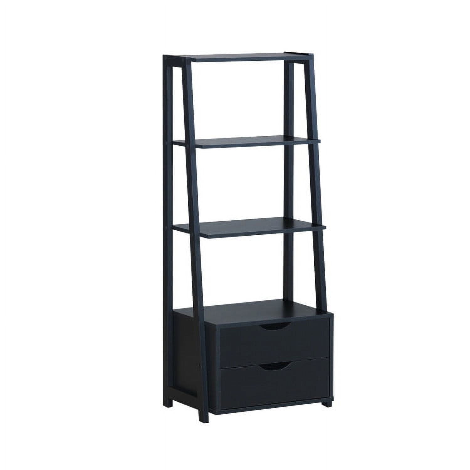 Black 4-Tier Ladder Bookshelf with 2 Drawers