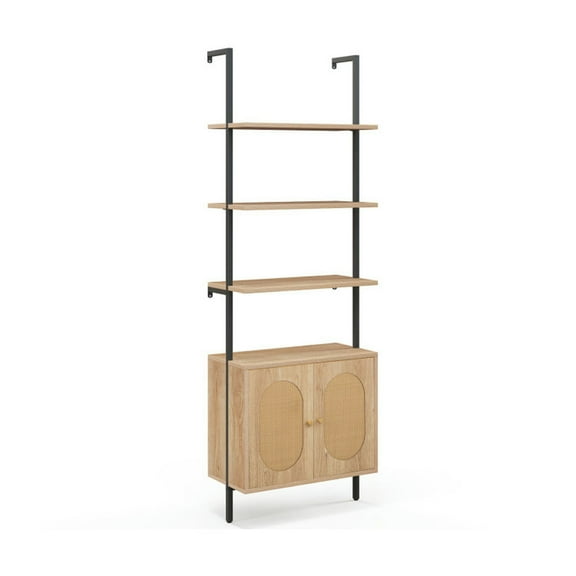 YYAo Bookshelf, Bookcase,Storage Flower Shelf Plant Display Shelf,71 Inch 6-Tier Wall Mounted Ladder Bookshelf with Rattan Cabinet-Natural