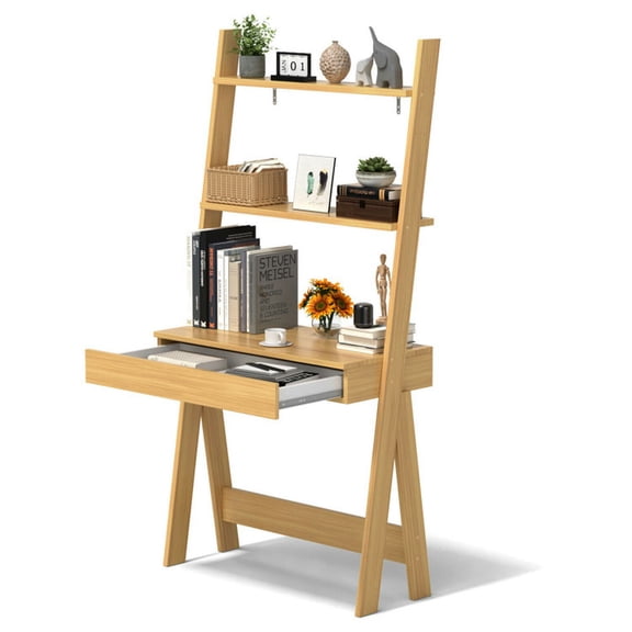 YYAo Bookshelf, Bookcase,Storage Flower Shelf Plant Display Shelf,Ladder Shelf Desk Bookcase with Countertop Drawer and 2 Shelves-Natural