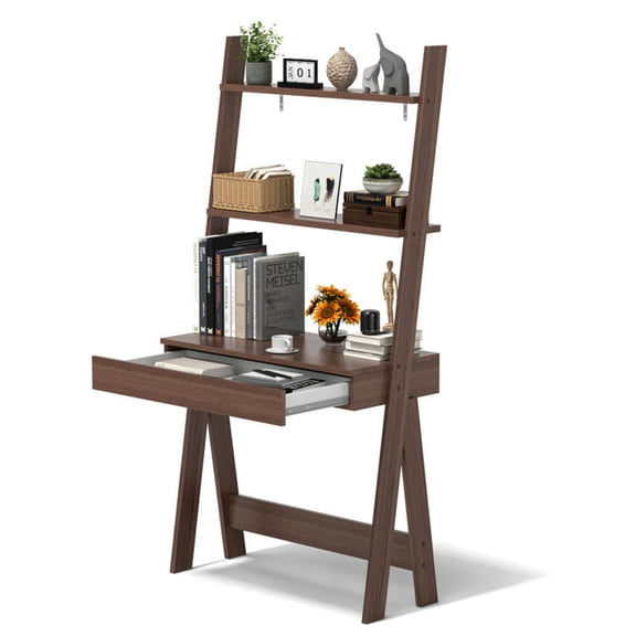 YYAo Bookshelf, Bookcase,Storage Flower Shelf Plant Display Shelf,Ladder Shelf Desk Bookcase with Countertop Drawer and 2 Shelves-Walnut
