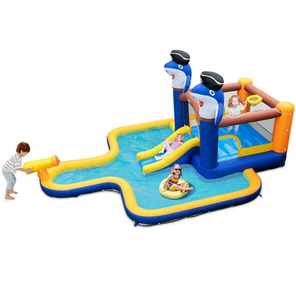 YYAo Bounce House, Castle Theme Kids Inflatable Trampoline, 7-In-1 Water Slide Park with Splash Pool and Water Cannon without Blower