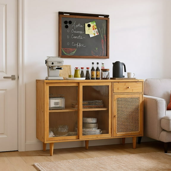 YYAo Buffet Sideboard, Cupboard Buffet Console Kitchen Sideboard,Modern Bamboo Buffet Sideboard Cabinet with Tempered Glass Sliding Doors-Natural