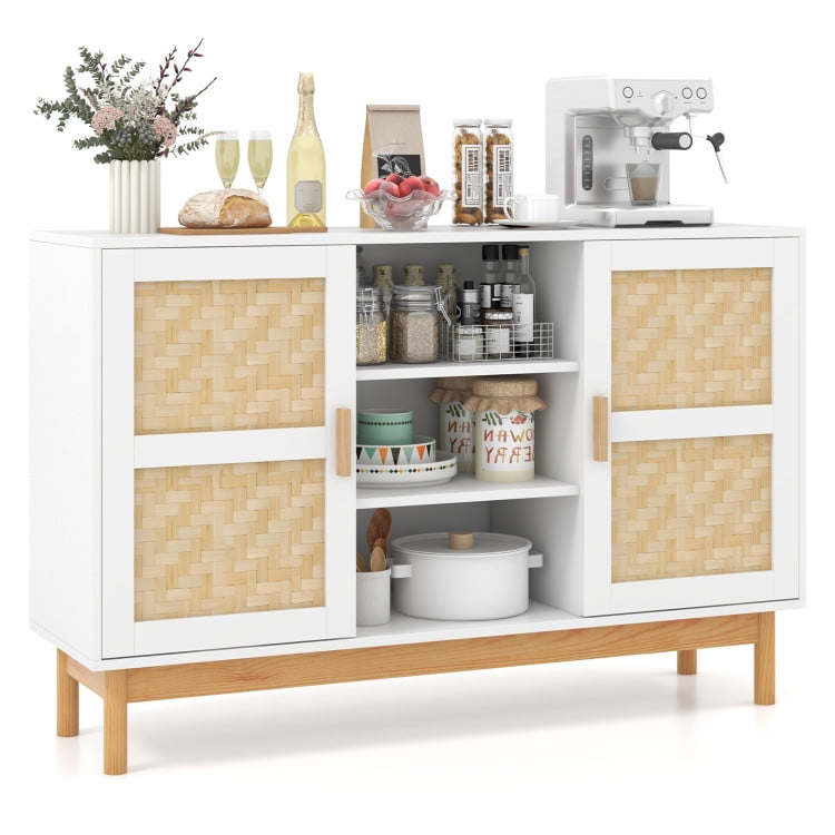 White and Natural 48" Sideboard Buffet Cabinet with Bamboo Woven Doors