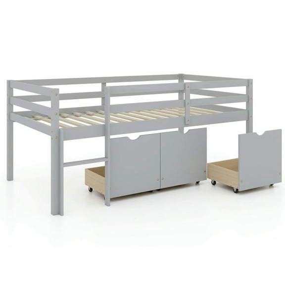 YYAo Bunk Bed, Bed Frame, Twin Size Low Loft Bed with 3 Drawers with Ladder and Full-length Guardrails-Gray