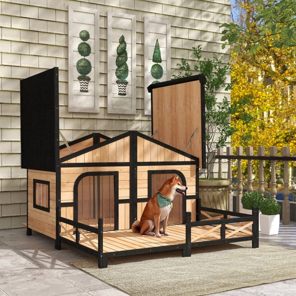 Dog House Risers YYAo Cabin Style Raised Dog Shelter with Roof, Doors, and Window ...