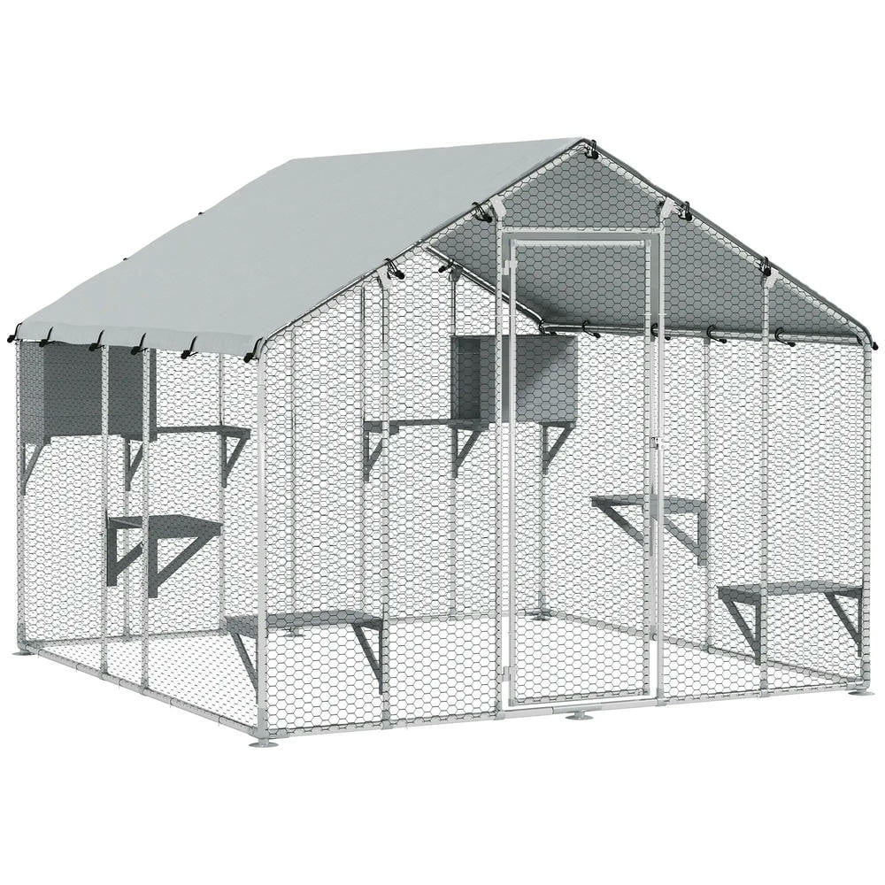 YYAo Cat Catio, Cat Cage Playpen,94.5" Extra Large Metal Outdoor Catio with Waterproof Cover, 2 Resting Boxes, 7 Jumping Platforms