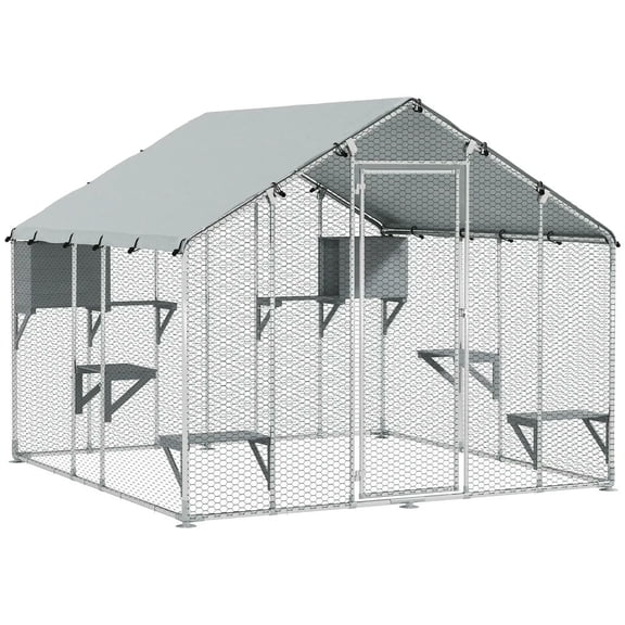 YYAo Cat Catio, Cat Cage Playpen,94.5" Extra Large Metal Outdoor Catio with Waterproof Cover, 2 Resting Boxes, 7 Jumping Platforms