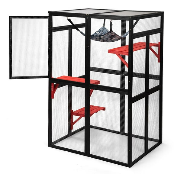 YYAo Cat Catio, Cat Cage Playpen,Cat Shelter, Wooden Cat Enclosure, Kitten Cage Condo, Cat Catio Outdoor with Sunshine Board, Black and Red