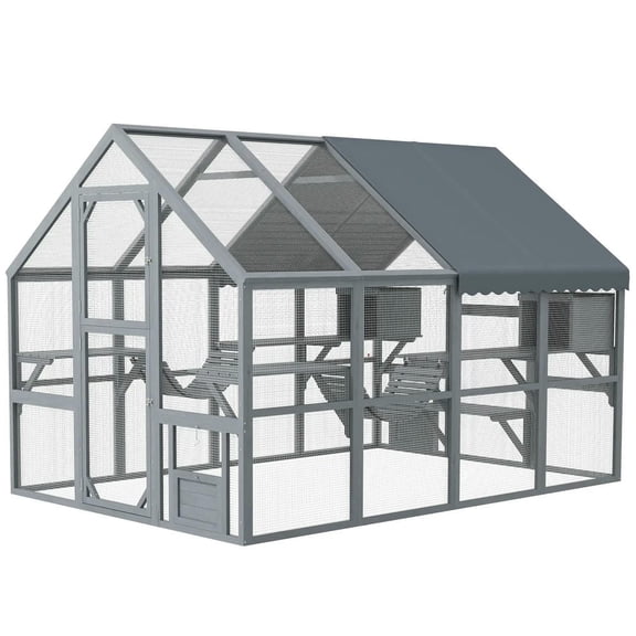 YYAo Cat Catio, Cat Cage Playpen,Outdoor Cat Enclosure with Waterproof Cover, 2 Condos, 6 Platforms, Bridge, Gray