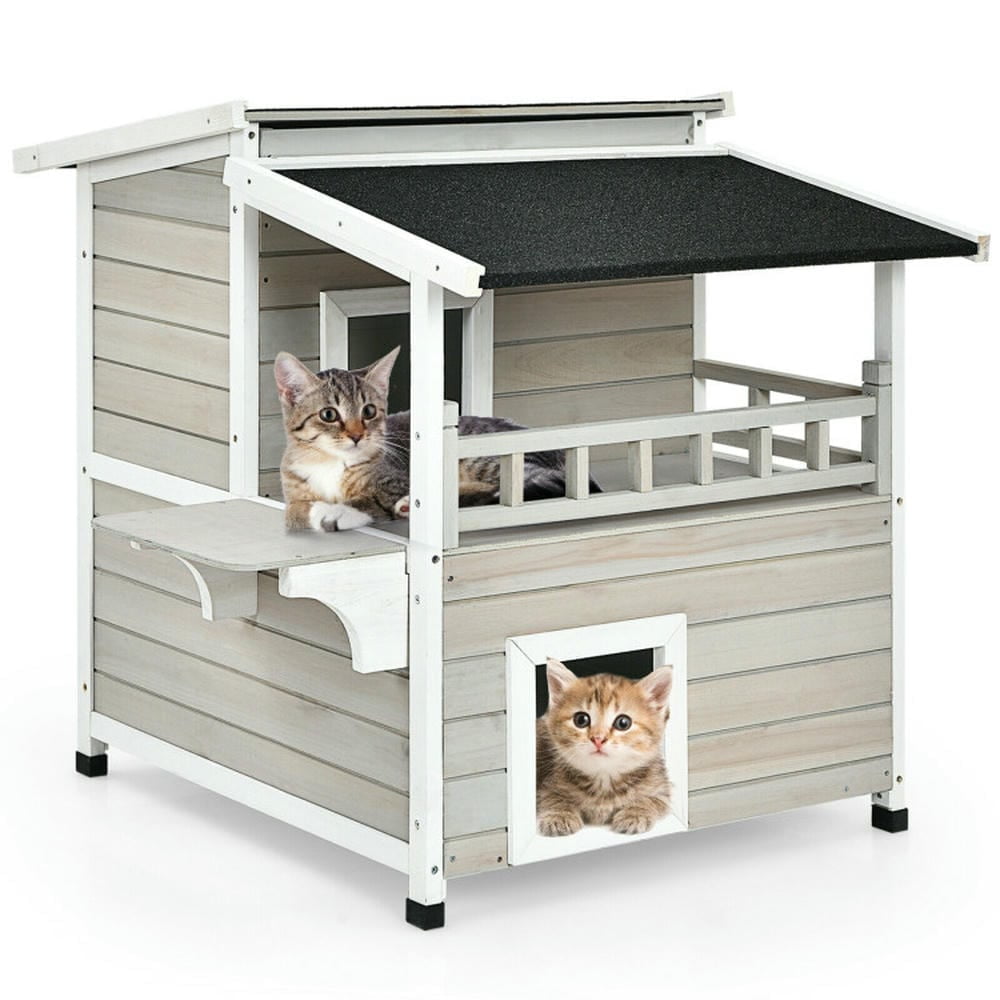 Gray and White 2-Story Wooden Outdoor Cat House with Balcony