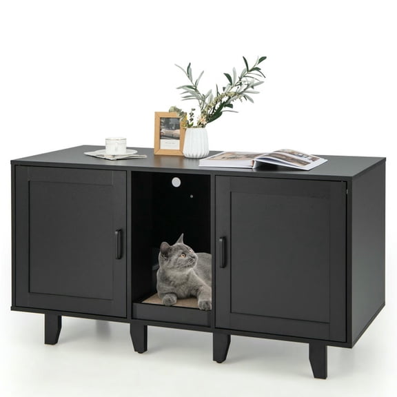 YYAo Cat Litter Box Enclosure, Hidden Cat Litter Box, 2-Door Cat Litter Box Enclosure with Winding Entry and Scratching Board-Black