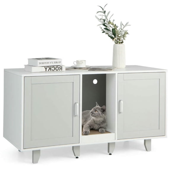 YYAo Cat Litter Box Enclosure, Hidden Cat Litter Box, 2-Door Cat Litter Box Enclosure with Winding Entry and Scratching Board-Gray