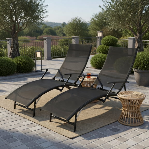 YYAo Chaise Lounge Chair Outdoor, Outdoor Chaise Lounge,2 Pieces Patio Folding Stackable Lounge Chair Chaise with Armrest-Black