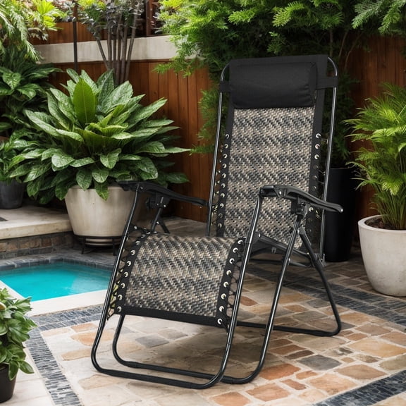 YYAo Chaise Lounge Chair Outdoor, Outdoor Chaise Lounge,Folding Rattan Zero Gravity Lounge Chair with Removable Head Pillow-Gray