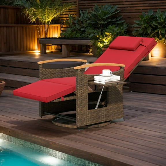 YYAo Chaise Lounge Chair Outdoor, Outdoor Chaise Lounge,Patio Rattan 360° Swivel Recliner Chair with Adjustable Backrest and Footrest-Red
