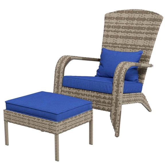 YYAo Chaise Lounge Chair Outdoor, Outdoor Chaise Lounge,Wicker Adirondack Chair Fire Pit Chair w/ Ottoman & Cushions, Blue